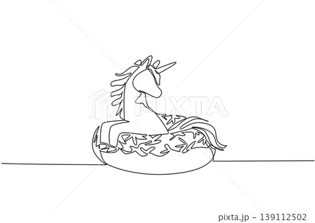 Single line draw of adored unicorn for pastry food concept show cute fantasy animal sitting inside donut. Simple sketch fits nursery poster purpose with favorite mythical horned creature horse animal Single line draw of adored unicorn for pastry food concept show cute fantasy animal sitting inside donut. Simple sketch fits nursery poster purpose with favorite mythical horned creature horse animal 139112502