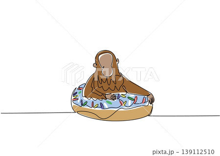 Single line drawing of playful cute animal shows an orange orangutan lying inside glazed donut for pastry food concept. Colorful art is perfect for nursery poster purpose with an adorable forest ape Single line drawing of playful cute animal shows an orange orangutan lying inside glazed donut for pastry food concept. Colorful art is perfect for nursery poster purpose with an adorable forest ape 139112510