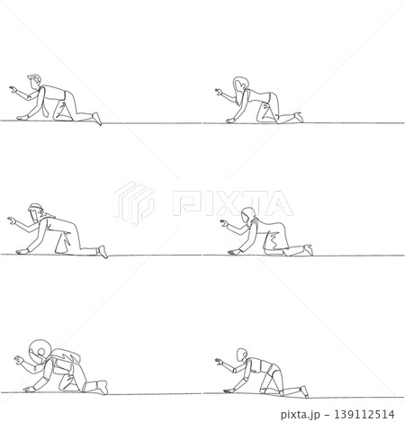 Set of single line drawing of a man, woman, Arabian, astronaut, and robot crawling on the ground. A strong struggle concept that is highly effective for an emotional charity campaign poster print. Set of single line drawing of a man, woman, Arabian, astronaut, and robot crawling on the ground. A strong struggle concept that is highly effective for an emotional charity campaign poster print. 139112514