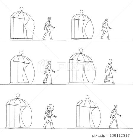 Set of single line drawing shows a man, woman, Arab, astronaut, and robot walking out of a broken birdcage. An excellent freedom concept suited perfectly for a creative business proposal presentation. 139112517