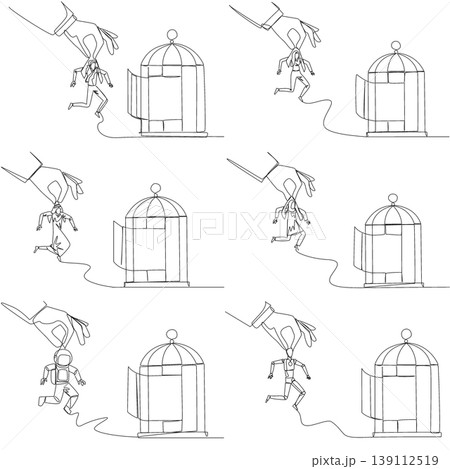 Set of continuous line drawing shows a giant hand picking up a man, woman, Arab, astronaut, and robot from a birdcage. An excellent rescue concept ideally suited for a corporate business blog poster. Set of continuous line drawing shows a giant hand picking up a man, woman, Arab, astronaut, and robot from a birdcage. An excellent rescue concept ideally suited for a corporate business blog poster. 139112519
