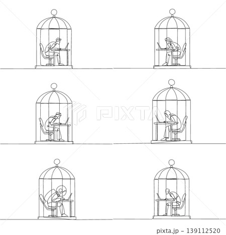 Set of single line drawing displays a man, woman, Arab, astronaut, and robot looking tired at a laptop inside a birdcage. An intense work stress concept perfectly designed for a business blog post. Set of single line drawing displays a man, woman, Arab, astronaut, and robot looking tired at a laptop inside a birdcage. An intense work stress concept perfectly designed for a business blog post. 139112520