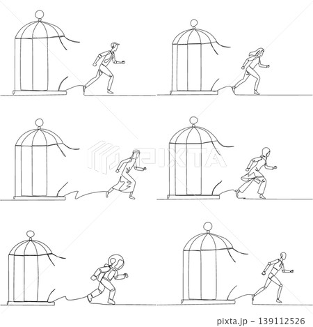Set of single line drawing features a man, woman, Arab, astronaut, and robot running away from an open birdcage. A brilliant freedom concept perfectly designed for a business motivation flyer layout. 139112526