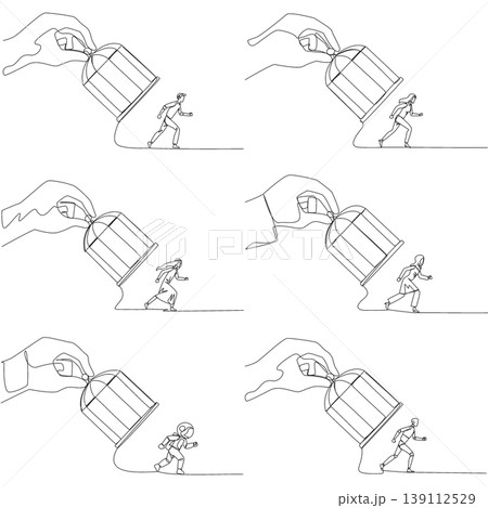 Set of one line drawing shows a giant hand putting a birdcage to trap a running man, woman, Arab, astronaut, and robot. An intense corporate limitation concept ideal for a blog post layout. Set of one line drawing shows a giant hand putting a birdcage to trap a running man, woman, Arab, astronaut, and robot. An intense corporate limitation concept ideal for a blog post layout. 139112529