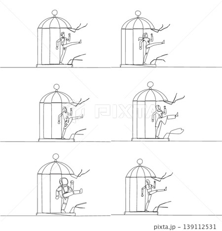 Set of single line drawing features a man, woman, Arab, astronaut, and robot kicking a birdcage to break free. A powerful breakthrough concept perfectly designed for a corporate poster layout. Set of single line drawing features a man, woman, Arab, astronaut, and robot kicking a birdcage to break free. A powerful breakthrough concept perfectly designed for a corporate poster layout. 139112531