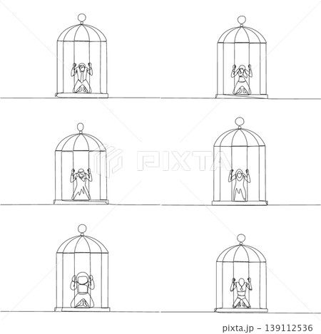 Set of one line drawing displays a man, woman, Arab, astronaut, and robot kneeling and holding the birdcage bars. A powerful mental pressure concept suited perfectly for a psychology blog post. 139112536