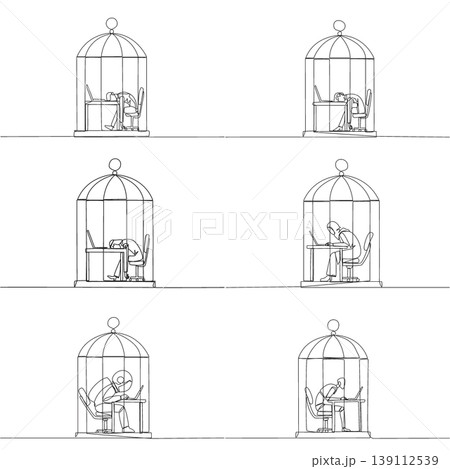 Set of continuous line drawing displays a man, woman, Arab, astronaut, and robot sleeping on a laptop inside a birdcage. A strong corporate burnout concept perfectly suited for a business magazine. Set of continuous line drawing displays a man, woman, Arab, astronaut, and robot sleeping on a laptop inside a birdcage. A strong corporate burnout concept perfectly suited for a business magazine. 139112539