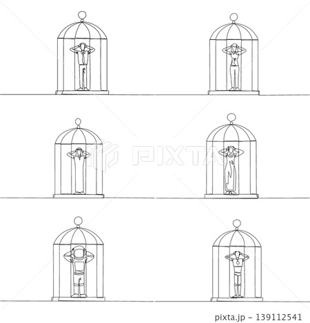 Set of single line drawing shows a man, woman, Arab, astronaut, and robot covering their ears inside a birdcage. A powerful mental health concept suited perfectly for a psychology blog post layout. 139112541