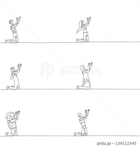 Set of single line drawing portrays a man, woman, Arab, astronaut, and robot kneeling to pray with hands up. A brilliant mental health concept ideally suited for a psychology blog post layout design. 139112545