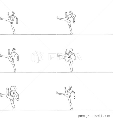 Set of continuous line drawing features a man, woman, Arab, astronaut, and robot performing a high kick. A powerful business breakthrough concept perfectly designed for a corporate motivation poster. Set of continuous line drawing features a man, woman, Arab, astronaut, and robot performing a high kick. A powerful business breakthrough concept perfectly designed for a corporate motivation poster. 139112546