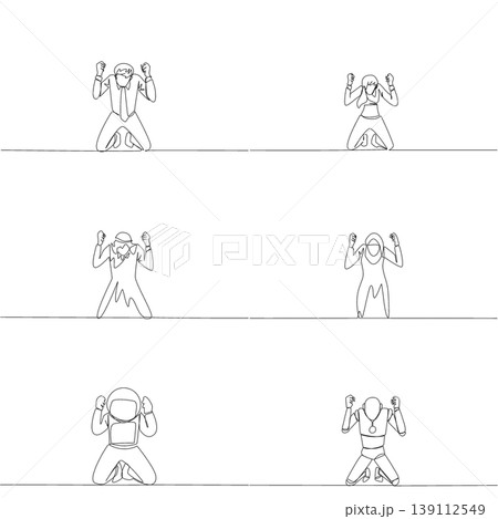 Set of one line drawing displays a man, woman, Arab, astronaut, and robot kneeling with clenched fists in anger. An intense mental frustration concept perfect for a psychology poster layout design. Set of one line drawing displays a man, woman, Arab, astronaut, and robot kneeling with clenched fists in anger. An intense mental frustration concept perfect for a psychology poster layout design. 139112549