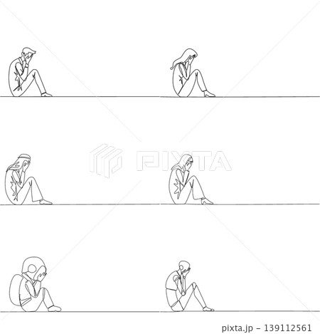 Set of continuous line drawing featuring a man, woman, Arabian, astronaut, and robot sitting on the floor looking depressed. Powerful mental health concept designed for psychology magazine cover page 139112561