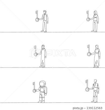 Set of continuous line drawing of a man, woman, Arab, astronaut, and robot holding a large key. A powerful solution concept that works perfectly for a corporate business presentation slide design. 139112563