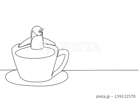 Single line drawing of penguin shows cute animal soaking in coffee cup for nature concept. Unique design features arctic bird for an international cafe day theme in minimalist and kids coloring book Single line drawing of penguin shows cute animal soaking in coffee cup for nature concept. Unique design features arctic bird for an international cafe day theme in minimalist and kids coloring book 139112570