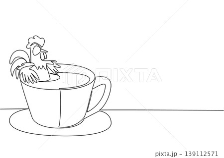 Single line drawing of adored rooster for farm industry concept shows cute animal soaking in coffee cup. Simple sketch fits an international morning day theme with the favorite chicken 139112571