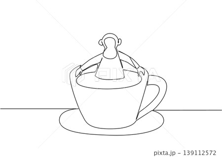 Continuous line drawing of chimpanzee shows cute animal soaking in coffee cup for nature concept. Unique design features primate for an international monkey day theme in art and kids coloring book Continuous line drawing of chimpanzee shows cute animal soaking in coffee cup for nature concept. Unique design features primate for an international monkey day theme in art and kids coloring book 139112572