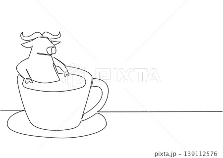 Continuous line drawing of strong buffalo shows cute animal soaking in hot coffee cup for nature concept. Unique design features the safari mammal for an international coffee day theme in minimalist Continuous line drawing of strong buffalo shows cute animal soaking in hot coffee cup for nature concept. Unique design features the safari mammal for an international coffee day theme in minimalist 139112576