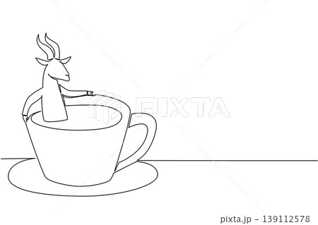 Continuous line drawing of cute antelope depicts small animal soaking in warm coffee cup for nature concept. Simple illustration fits an international coffee day theme for safari creature lovers Continuous line drawing of cute antelope depicts small animal soaking in warm coffee cup for nature concept. Simple illustration fits an international coffee day theme for safari creature lovers 139112578