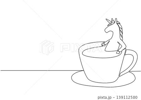 Single line drawing of adored unicorn for nature concept shows cute fairytale animal soaking in coffee cup. Simple sketch fits an international coffee day theme with the favorite mythical creature 139112580