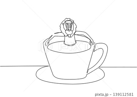Continuous line drawing of mandrill shows cute animal soaking in coffee cup for nature concept. Unique design features the primate for an international monkey primate day theme in art Continuous line drawing of mandrill shows cute animal soaking in coffee cup for nature concept. Unique design features the primate for an international monkey primate day theme in art 139112581