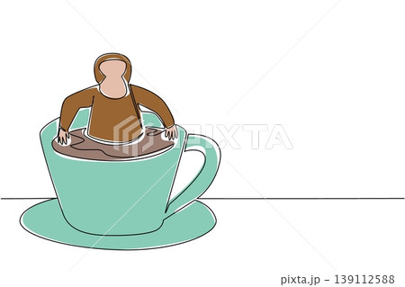 One line drawing of cute charming animal shows an orange orangutan primate soaking in hot coffee cup for nature concept. Colorful art is perfect for an international coffee day theme with an ape One line drawing of cute charming animal shows an orange orangutan primate soaking in hot coffee cup for nature concept. Colorful art is perfect for an international coffee day theme with an ape 139112588