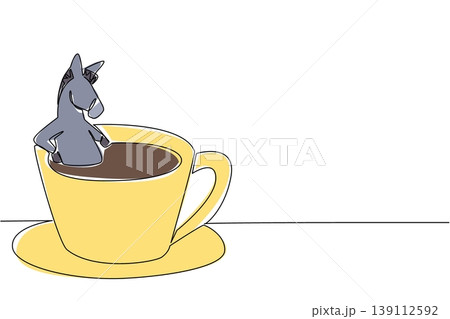 Single line drawing of adorable donkey for nature concept features cute animal soaking in warm coffee cup. Colorful graphic celebrates an international cafe day theme with the grey farm animal 139112592