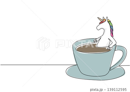 One line drawing of adorable unicorn features fantasy animal soaking in coffee cup for nature concept. Colorful fairytale horse art is ideal for an international coffee day theme and girl room decor One line drawing of adorable unicorn features fantasy animal soaking in coffee cup for nature concept. Colorful fairytale horse art is ideal for an international coffee day theme and girl room decor 139112595