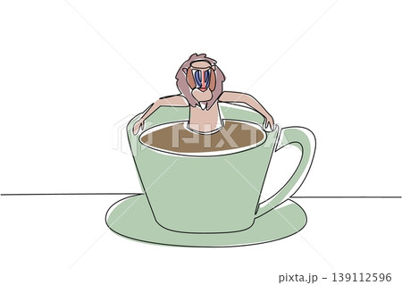 Continuous line drawing of bright primate mandrill for nature concept features cute animal soaking in coffee cup. Colorful art represents an international monkey day theme with a playful ape 139112596