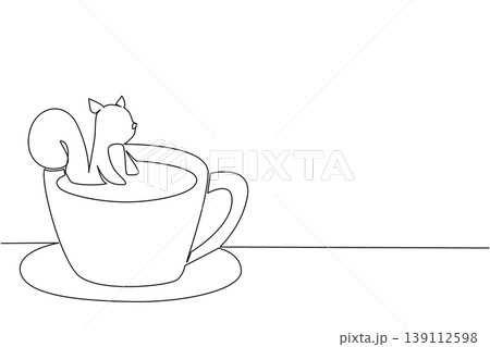 Continuous line drawing of cute squirrel depicts small animal soaking in a coffee cup for nature concept. Simple illustration fits an international wildlife day theme for rodent lovers Continuous line drawing of cute squirrel depicts small animal soaking in a coffee cup for nature concept. Simple illustration fits an international wildlife day theme for rodent lovers 139112598