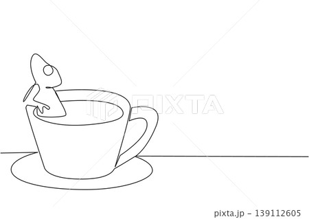 Continuous line drawing of adorable cute chameleon depicts small animal soaking in warm coffee cup for nature forest concept. Simple illustration fits international coffee day theme for reptile lover 139112605