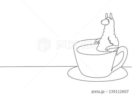 Single line drawing of fluffy cute alpaca features the wild animal soaking in warm coffee cup for nature concept. Minimalist design represents international coffee day theme for children events decor Single line drawing of fluffy cute alpaca features the wild animal soaking in warm coffee cup for nature concept. Minimalist design represents international coffee day theme for children events decor 139112607