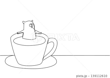 Single line drawing of adored playful baby hamster for nature concept shows cute rodent animal soaking in coffee cup. Simple sketch fits international coffee day theme with favorite small mammal pet Single line drawing of adored playful baby hamster for nature concept shows cute rodent animal soaking in coffee cup. Simple sketch fits international coffee day theme with favorite small mammal pet 139112610