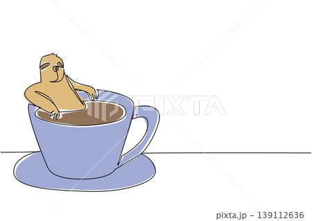 One line drawing of playful adorable sloth features the slow animal soaking in warm coffee cup for nature concept. Colorful art is ideal for an international coffee day theme and kids bedroom decor 139112636