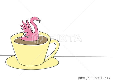 Single line drawing of beauty adorable cute animal shows pink flamingo soaking in warm coffee cup for nature concept. Colorful art is perfect for an international coffee day theme with an exotic bird Single line drawing of beauty adorable cute animal shows pink flamingo soaking in warm coffee cup for nature concept. Colorful art is perfect for an international coffee day theme with an exotic bird 139112645