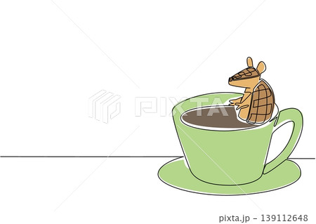 Single line drawing of strong armored armadillo for nature concept features cute forest animal soaking in warm coffee cup. Colorful art represents international coffee day theme with a playful mammal Single line drawing of strong armored armadillo for nature concept features cute forest animal soaking in warm coffee cup. Colorful art represents international coffee day theme with a playful mammal 139112648