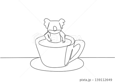 Single line drawing of koala shows cute Australia animal soaking in warm coffee cup for nature concept. Unique design features the wild creature for an international cafe day theme in minimalist 139112649