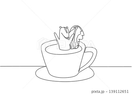 Single line drawing of cute skunk features the wild forest animal soaking in warm coffee cup for nature concept. Minimalist design represents an international coffee day theme for children events Single line drawing of cute skunk features the wild forest animal soaking in warm coffee cup for nature concept. Minimalist design represents an international coffee day theme for children events 139112651