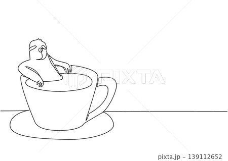Single line drawing of adored sloth for nature concept shows cute animal soaking in warm coffee cup. Simple sketch fits an international coffee day theme with the favorite slow wild forest mammal 139112652