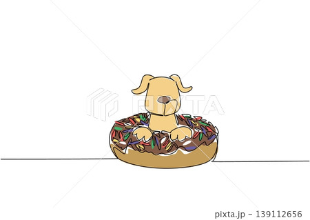 Single line drawing of playful cute animal shows brown dog lying inside sweet donut for unhealthy food concept. Colorful art is perfect for an international food day theme with an adorable pet mammal 139112656