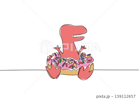 One line drawing of colorful charming dinosaur depicts cute animal sitting inside sweet donut for fun dessert concept. Red t rex design celebrates international food day theme in whimsical art style One line drawing of colorful charming dinosaur depicts cute animal sitting inside sweet donut for fun dessert concept. Red t rex design celebrates international food day theme in whimsical art style 139112657