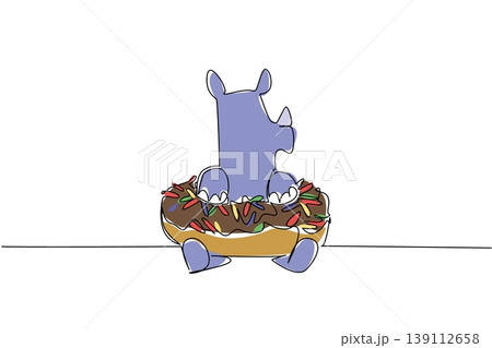 One line drawing of adorable purple rhinoceros features wild animal sitting inside sweet donut for an bakery industry concept. Colorful art is ideal for international food day theme and room decor 139112658