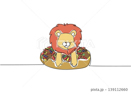 Single line drawing of adorable baby lion for sweet dessert concept features cute animal sitting inside donut. Colorful graphic celebrates international food day theme with the golden savanna cat 139112660