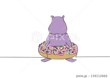 One line drawing of adorable giant purple hippopotamus features wild river animal sitting inside sweet donut for pastry concept. Colorful art is ideal for an international food day theme and decor One line drawing of adorable giant purple hippopotamus features wild river animal sitting inside sweet donut for pastry concept. Colorful art is ideal for an international food day theme and decor 139112668