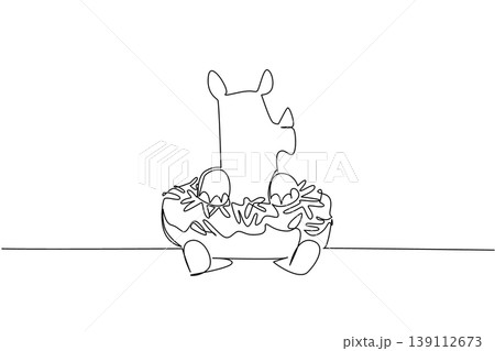 Single line drawing of mighty adored rhinoceros for pastry industry concept shows cute animal sitting inside sweet donut. Simple sketch fits international food day theme with strong wild horned mammal Single line drawing of mighty adored rhinoceros for pastry industry concept shows cute animal sitting inside sweet donut. Simple sketch fits international food day theme with strong wild horned mammal 139112673