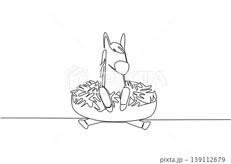 Continuous line drawing of strong horse shows cute animal sitting inside glazed donut for sweet pastry concept. Unique design features farm creature for an international food day theme in minimalist Continuous line drawing of strong horse shows cute animal sitting inside glazed donut for sweet pastry concept. Unique design features farm creature for an international food day theme in minimalist 139112679