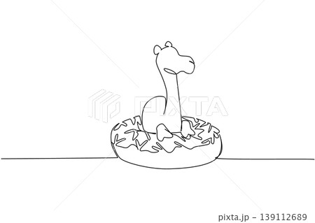Single line drawing of cute camel features wild desert animal sitting inside glazed donut for sweet snack concept. Minimalist design represents international food day theme for kids event decoration 139112689