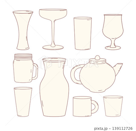 Glassware Line Art Collection with Empty Teapot Pitcher, Mason Jar, Kettle, Mug and Cocktail Glasses. Isolated Outline Hand Drawings. Vector Illustration Glassware Line Art Collection with Empty Teapot Pitcher, Mason Jar, Kettle, Mug and Cocktail Glasses. Isolated Outline Hand Drawings. Vector Illustration 139112726