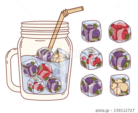 Summer Refreshing Drink with Red, Black and White Currant Ice Cubes in Glass Mason Jar with Straw. Isolated Berry Fruit Ice for Cooling Cocktail ingredients. Vector Illustration 139112727