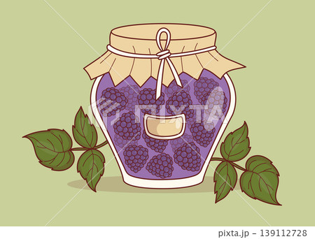 Jar of Homemade Blackberry Jam with Blank Label. Forest Berry Fruit Preserve with Leaves on Green Background. Eco-friendly Natural Rustic Kitchenware Element. Vector Illustration. Jar of Homemade Blackberry Jam with Blank Label. Forest Berry Fruit Preserve with Leaves on Green Background. Eco-friendly Natural Rustic Kitchenware Element. Vector Illustration. 139112728