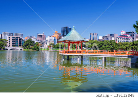 hexagonal red pavilion landmark of Ohori lake park, Fukuoka hexagonal red pavilion landmark of Ohori lake park, Fukuoka 139112849
